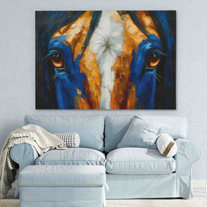 a painting of a horse's face on a wall above a couch