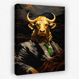 a painting of a bull wearing a suit and tie