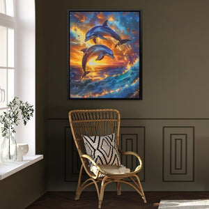 a painting of two dolphins jumping out of the water