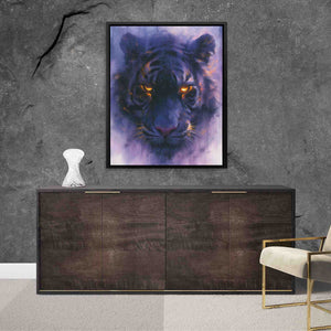 a painting of a tiger on a wall next to a chair