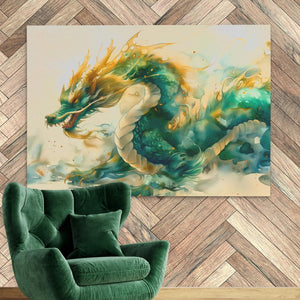 a painting of a green dragon on a wall