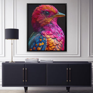 a painting of a colorful bird on a wall