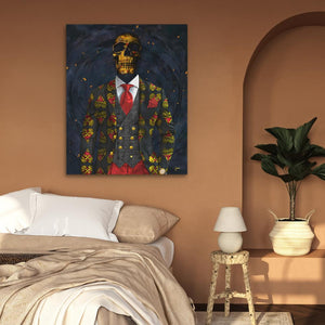 a painting of a skeleton in a suit on a wall above a bed