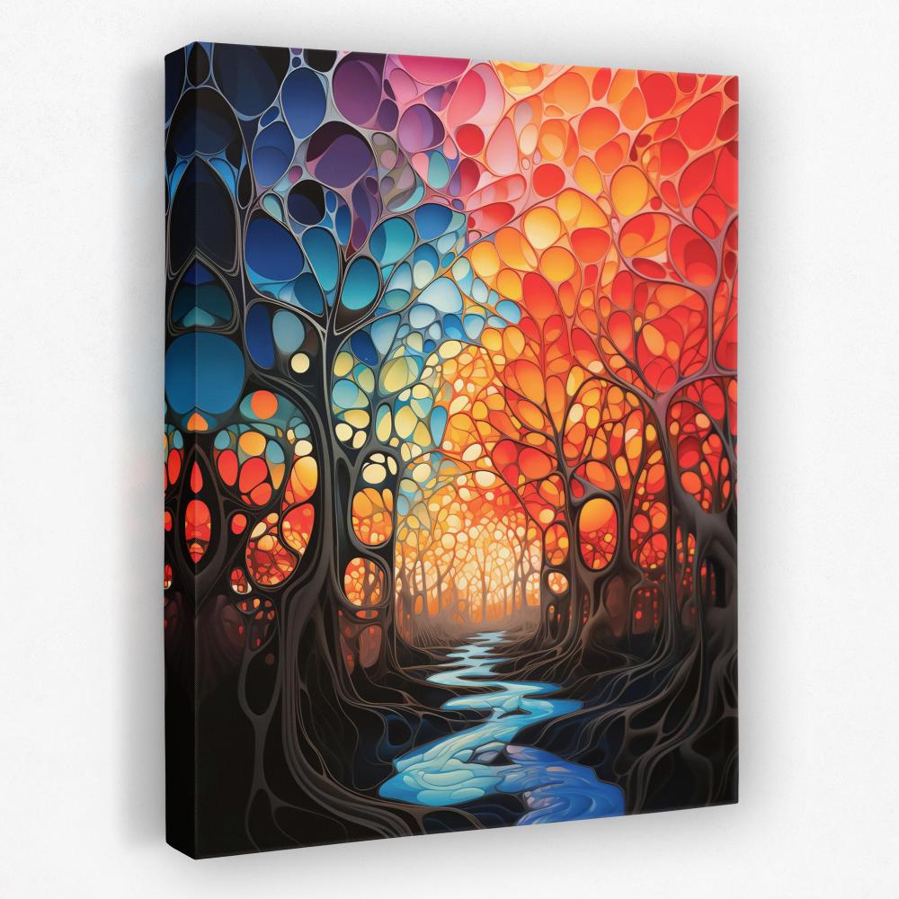 a painting of a colorful forest with a stream