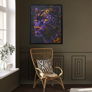 a painting of a purple leopard on a wall next to a chair