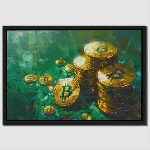 a painting of a pile of gold bitcoins