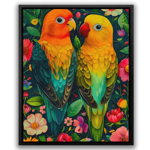 a painting of two colorful birds sitting on top of each other