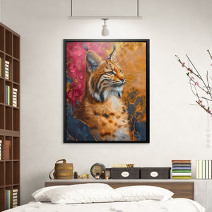 a painting of a cat on a wall above a bed