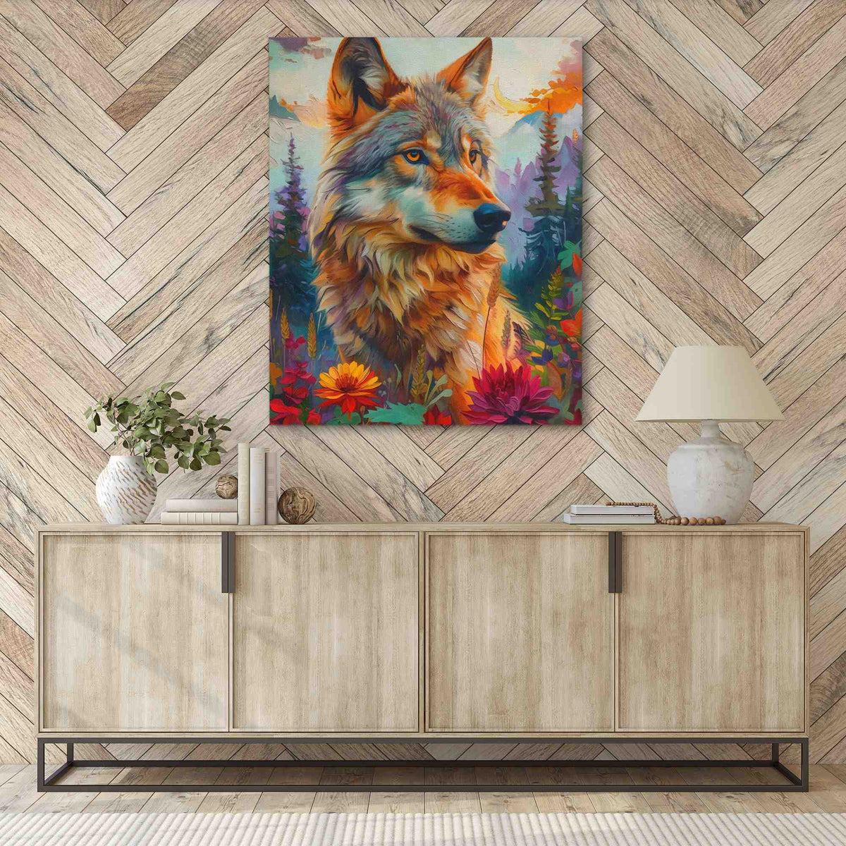a painting of a wolf on a wall