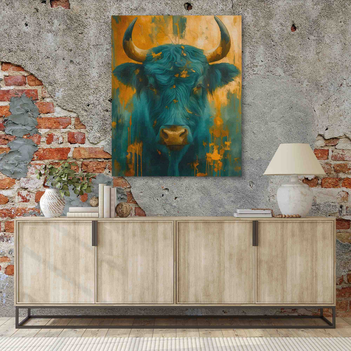 a painting of a bull on a brick wall