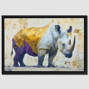 a painting of a rhino with a yellow shirt on