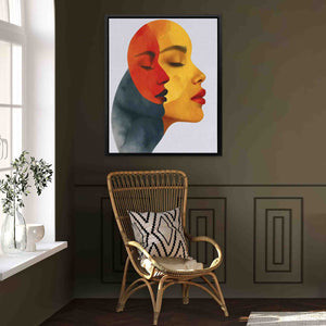 a picture of a woman's face on a wall above a wicker chair