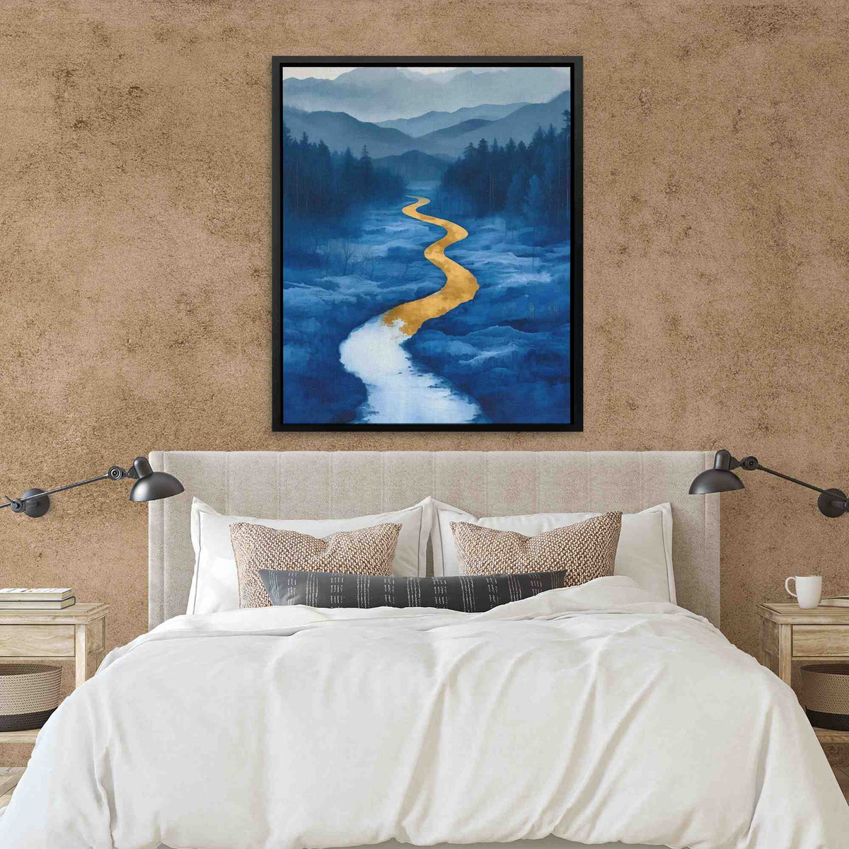a bedroom with a bed and a painting on the wall
