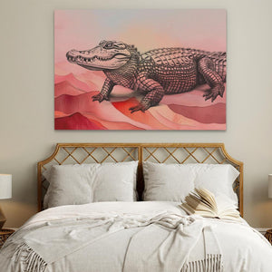 a painting of a crocodile on a wall above a bed