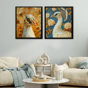 a living room with two paintings of peacocks on the wall