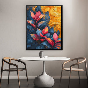 a table with two chairs and a painting on the wall