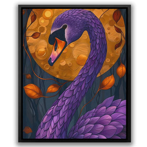 a painting of a purple bird in front of a full moon