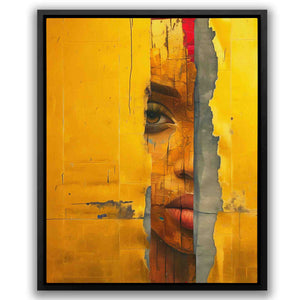 a painting of a woman's face with a yellow background