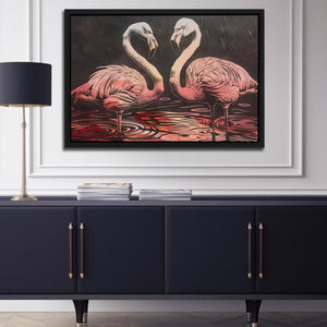 a painting of two pink flamingos in water