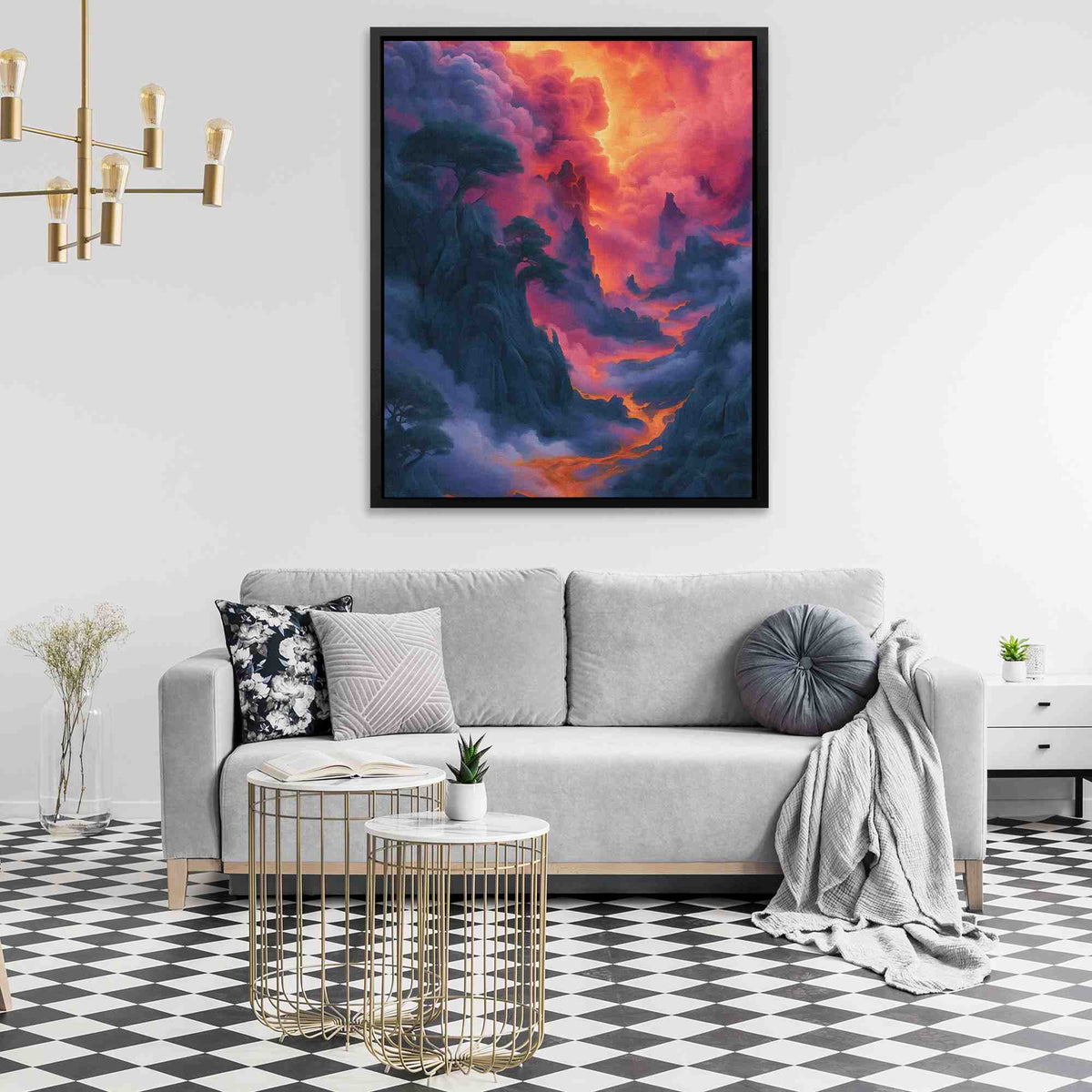 a living room with a couch and a painting on the wall