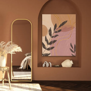 a room with a mirror, vase, plant and a painting on the wall