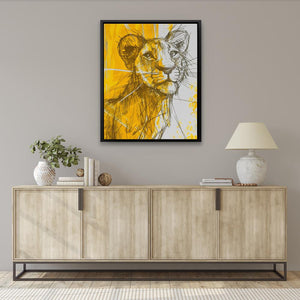 a picture of a lion on a wall above a sideboard