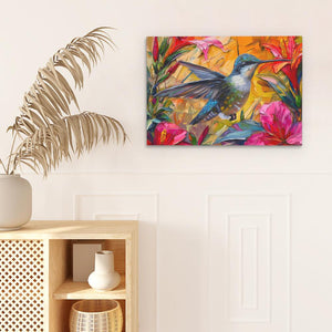 a painting of a hummingbird on a white wall