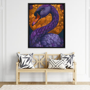 a painting of a purple swan sitting on a bench