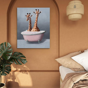 two giraffes in a bathtub on a wall