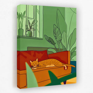 a painting of a cat sleeping on a couch