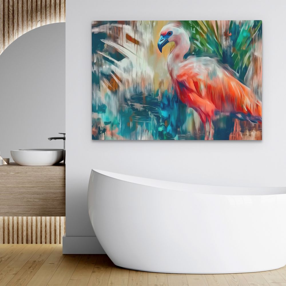 a painting of a flamingo in a tropical setting