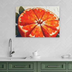 a painting of an orange in a kitchen