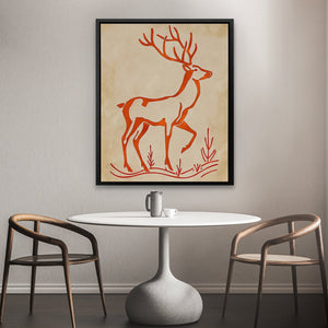 a picture of a deer on a wall above a table