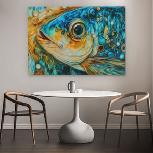 a painting of a fish on a wall above a table