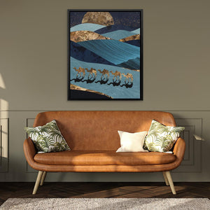 Sahara Stroll: Gold and Blue Desert Camel Art Print - Luxury Wall Art 