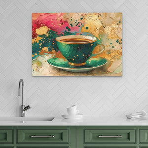 a painting of a cup of coffee on a green saucer