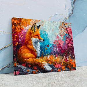 a painting of a fox sitting in a forest