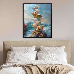 a painting of seashells on a bed in a bedroom