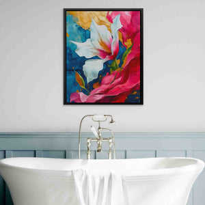 a white bath tub sitting under a painting on the wall