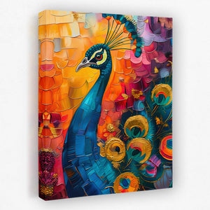 a painting of a peacock on a colorful background