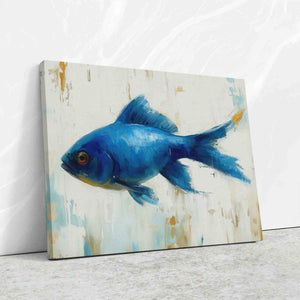 a painting of a blue fish on a white background