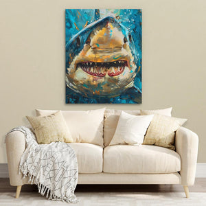 a living room with a couch and a painting of a shark