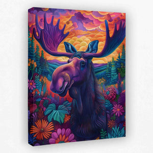 a painting of a moose in a field of flowers