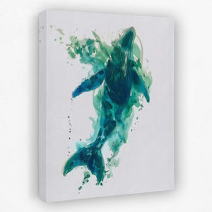 a painting of a blue and green creature on a white background