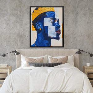a painting of a man's face on a wall above a bed
