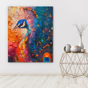 a painting of a peacock on a white wall