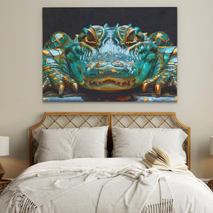 a painting of a frog on a wall above a bed