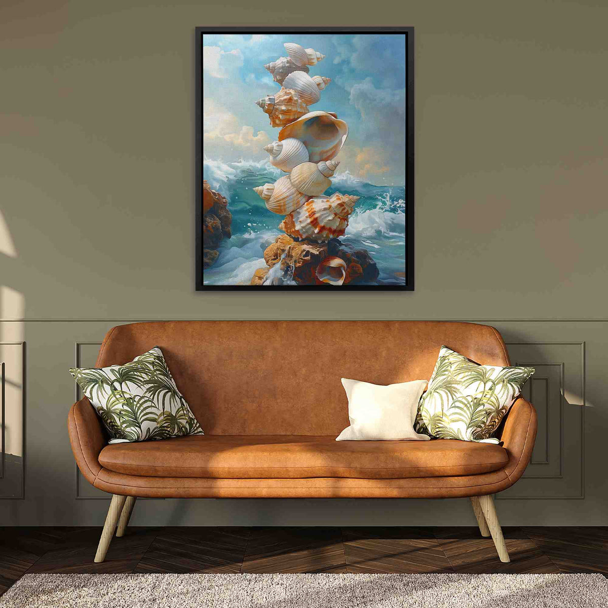 a living room with a couch and a painting on the wall