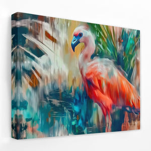 a painting of a flamingo in a tropical setting