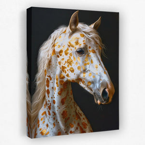 a painting of a white horse with orange spots